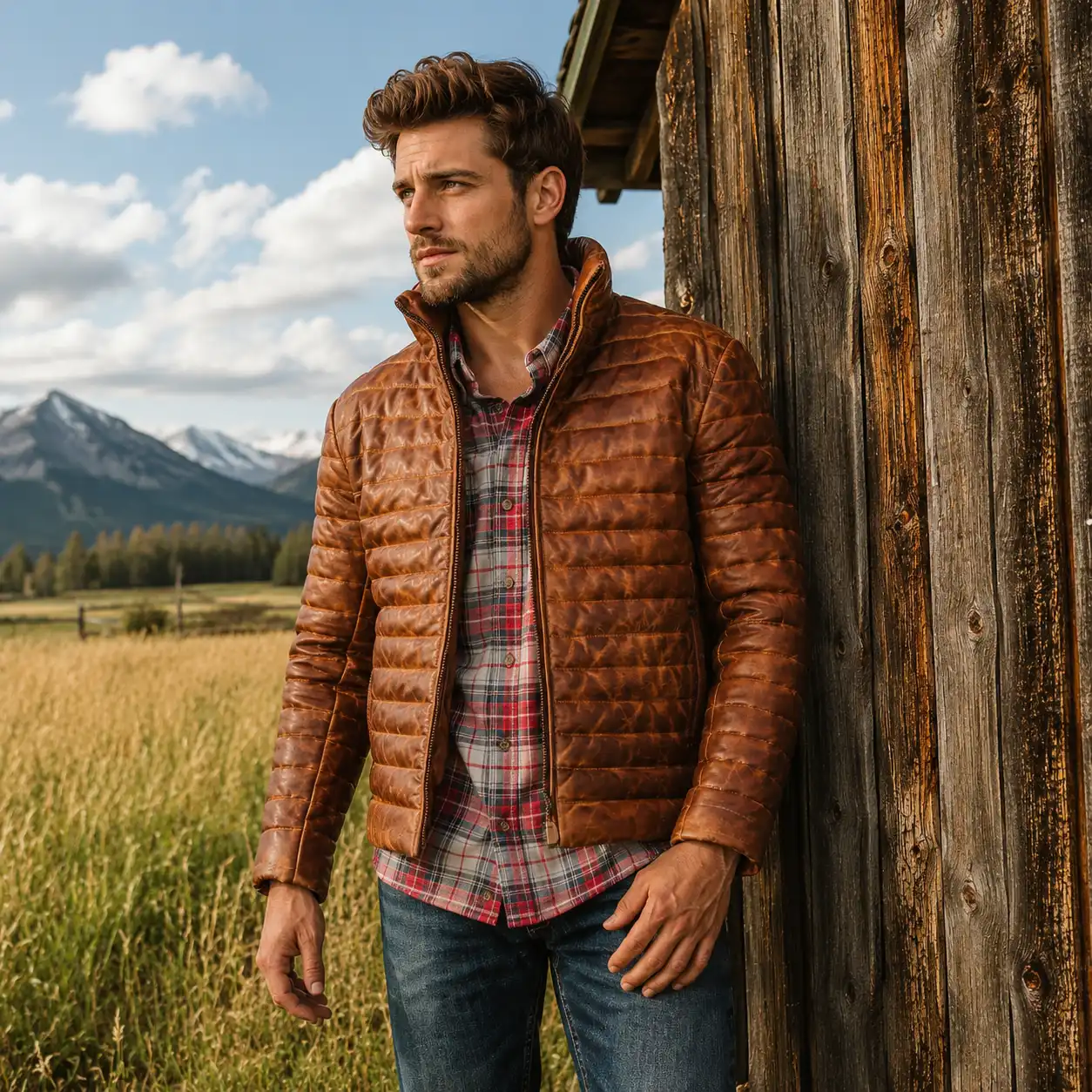100% Full Grain Lambskin Brown Leather Puffer Jacket