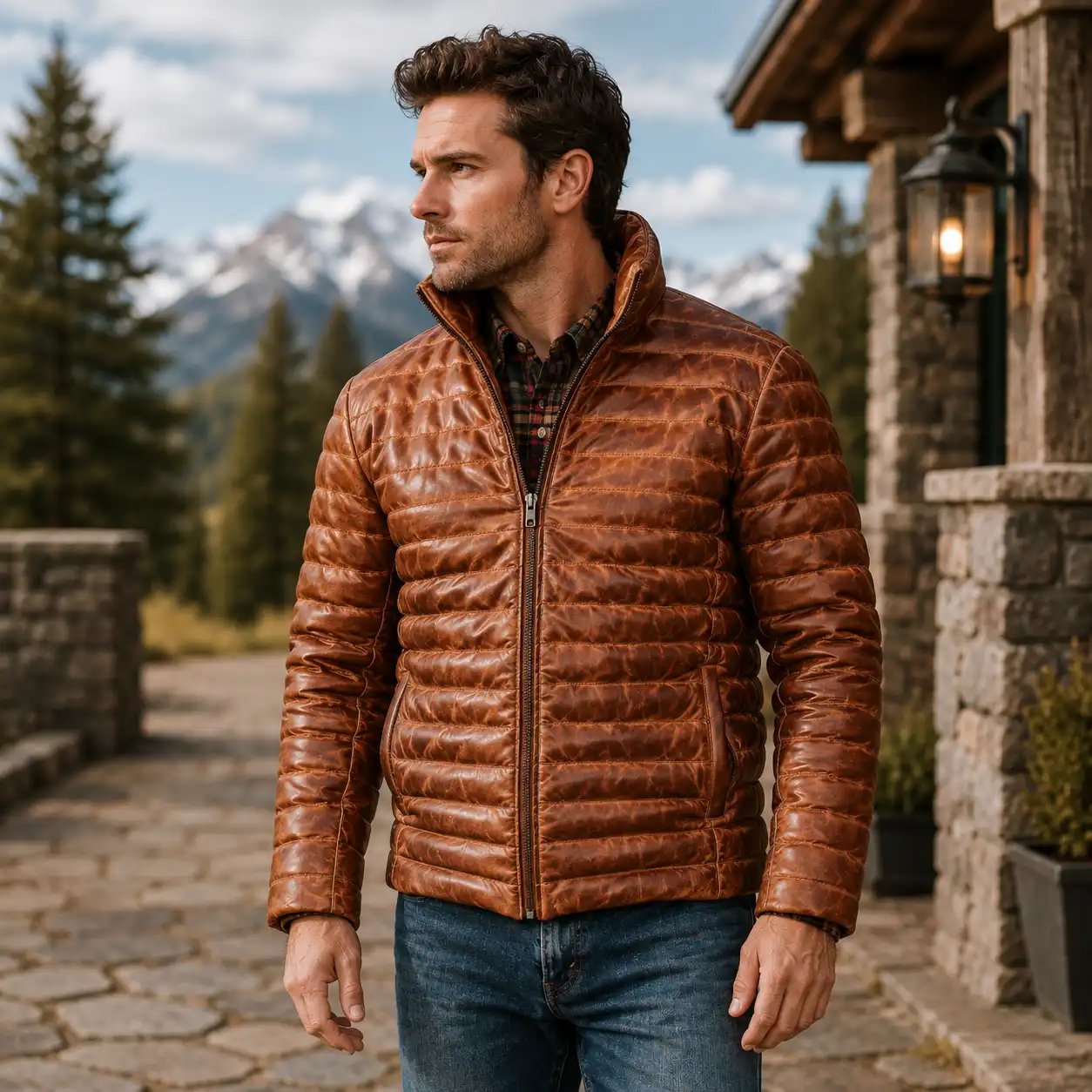 100% Full Grain Lambskin Brown Leather Puffer Jacket