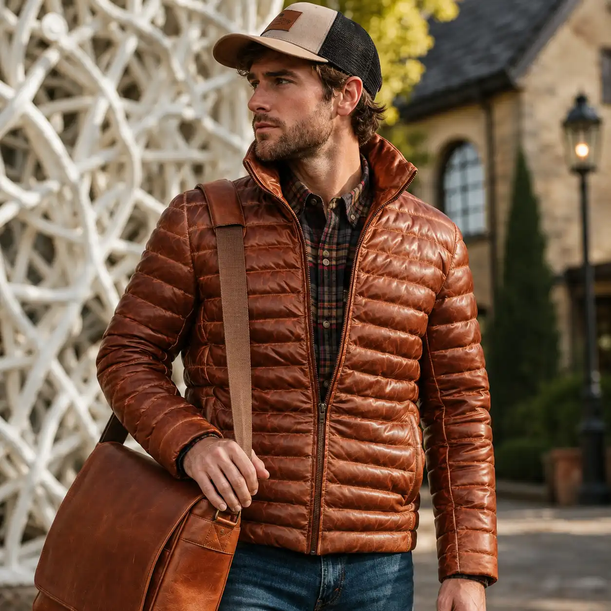 100% Full Grain Lambskin Brown Leather Puffer Jacket