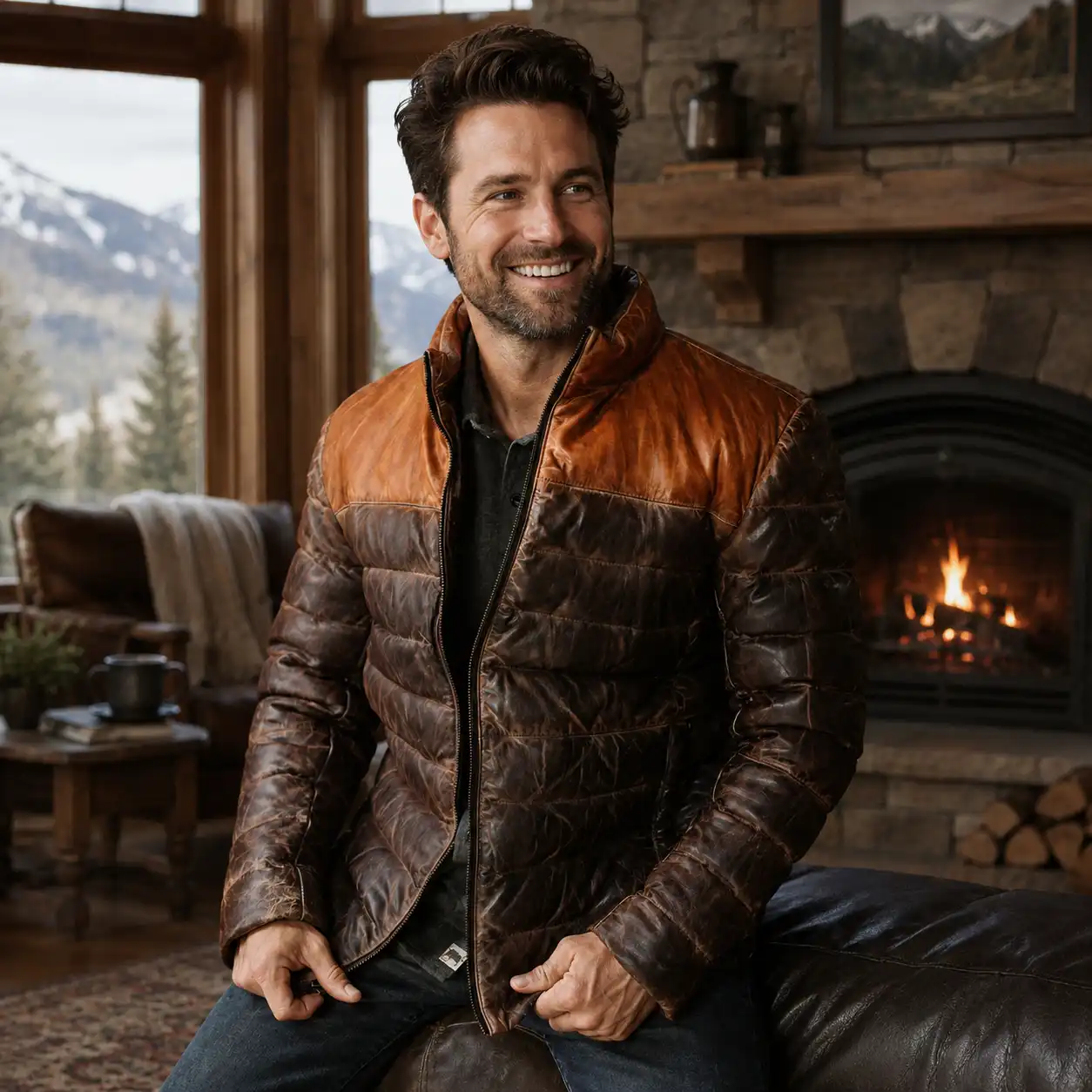 100% Full Grain Lambskin Tan & Brown Leather Puffer Jacket