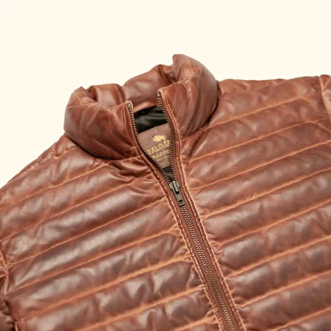 100% Full Grain Lambskin Brown Leather Puffer Jacket - Image 6