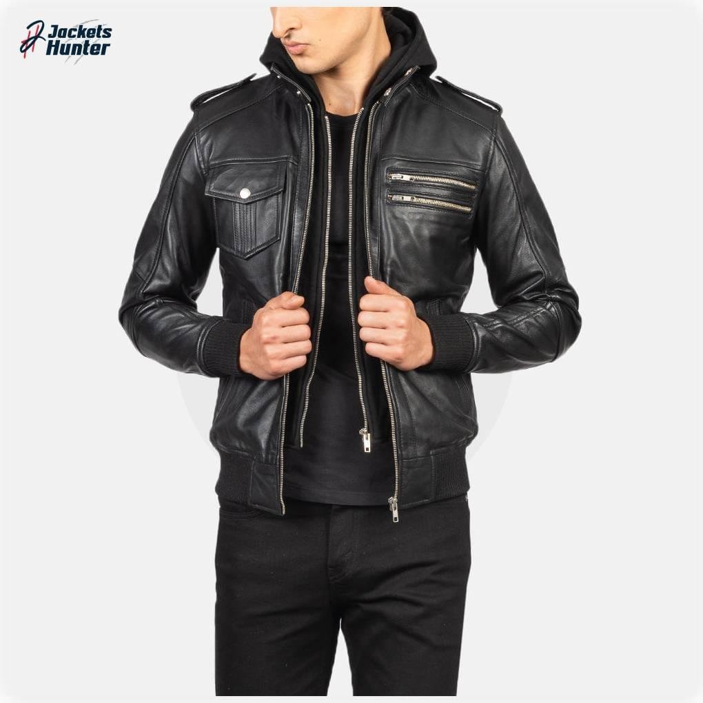 Bravado Black Hooded Leather Bomber Jacket