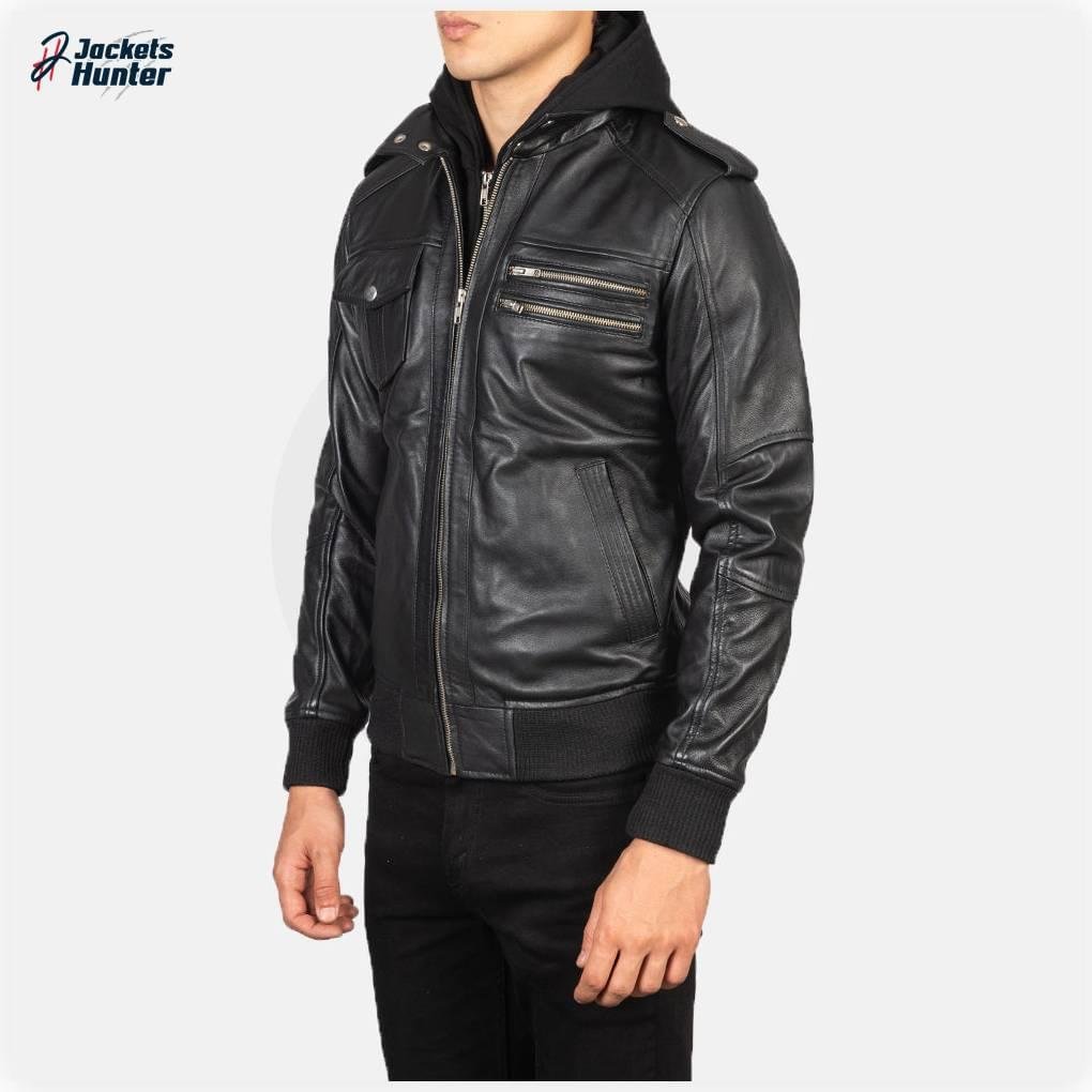 Bravado Black Hooded Leather Bomber Jacket - Image 2