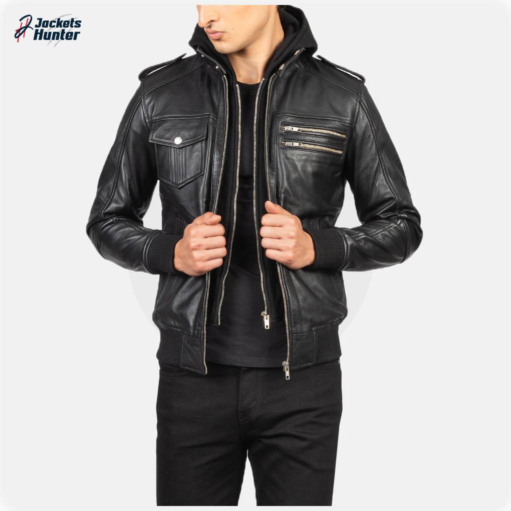 Bravado Black Hooded Leather Bomber Jacket