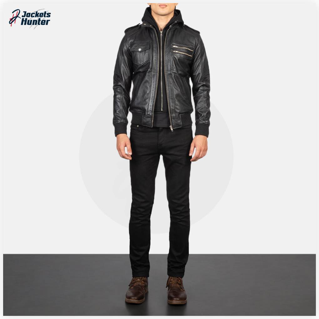 Bravado Black Hooded Leather Bomber Jacket - Image 3