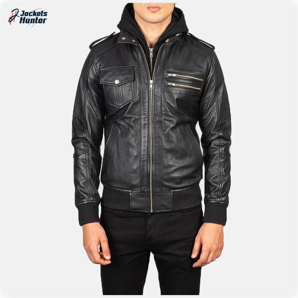 Bravado Black Hooded Leather Bomber Jacket - Image 4