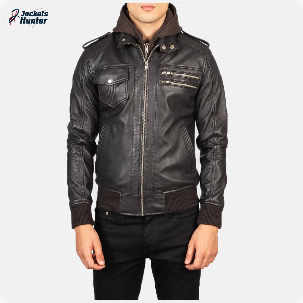 Bravado Brown Hooded Leather Bomber Jacket - Image 4