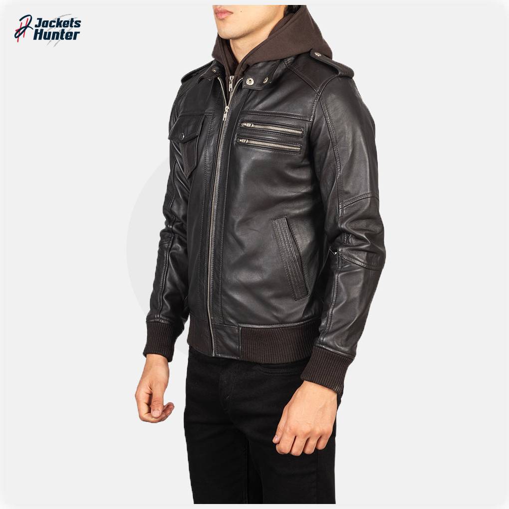 Bravado Brown Hooded Leather Bomber Jacket - Image 2