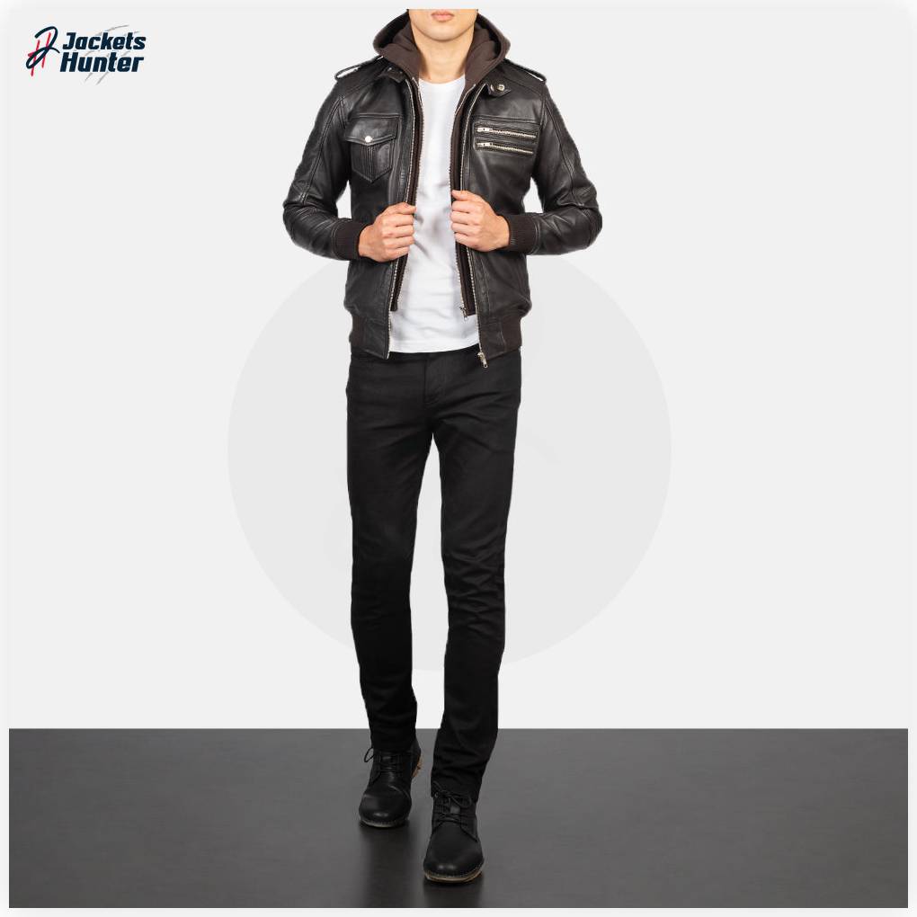 Bravado Brown Hooded Leather Bomber Jacket - Image 3